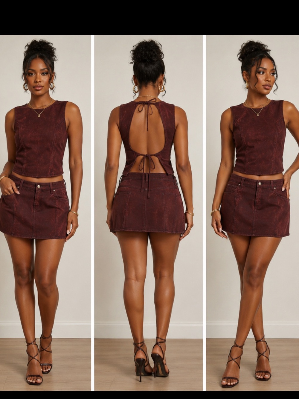 Open-Back Two-Piece Mini Set in Deep Burgundy